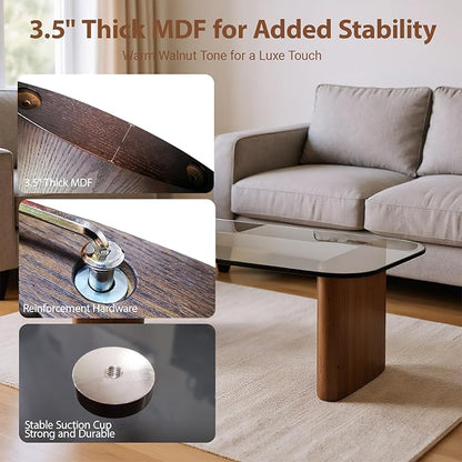 Modern Glass Coffee Table, Coffee Table for Living Room,Tempered Glass-top with Sturdy Wooden Base, Modern Coffee Tables for Small Space, Apartment, Office, Minimalist Design (Walnut)