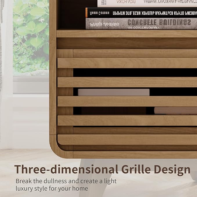 Fluted Night Stand Nightstand with Drawer Storage Grille Bed Side Table End Table Large Modern Wide Bedside Stand Tall Night Stands for Bedroom Living Room Home Office, Natural Oak