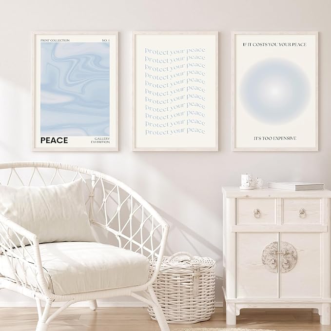 Blue Aura Wall Art Decor Retro Aesthetic Canvas Wall Art Pastel Abstract Pictures Prints Preppy Gradient Spiritual Poster Trendy Artwork Blue Painting for Room Bedroom 12x16 Inch Unframed Set of 3