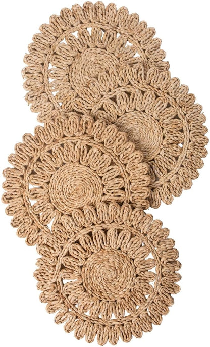 15" Set of 4 Round Corn Husk Placemats | Boho Woven Rattan Table Mats | Farmhouse Wicker Spring Plate Chargers Like Water Hyacinth, Seagrass for Wedding, Party, Christmas, Events