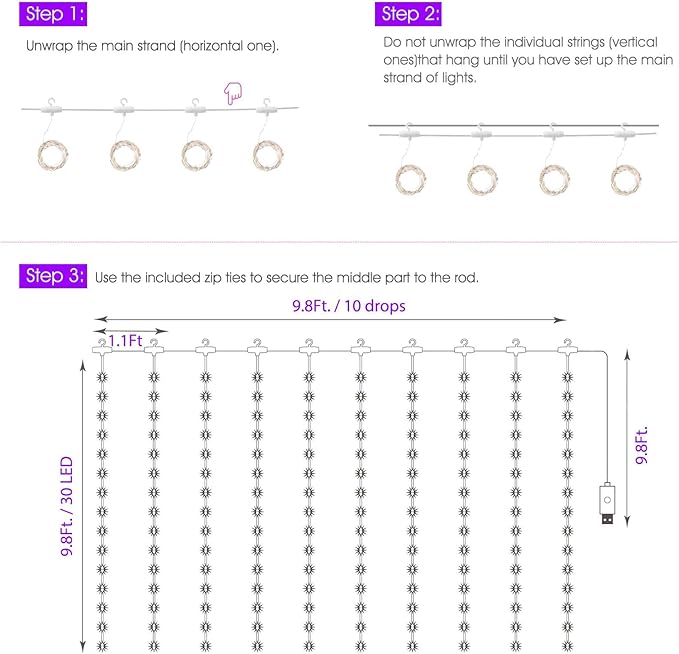 Minetom Curtain Lights, 300 LED Dimmable Fairy Lights with Remote and Timer, 8 Modes, USB Powered String Lights for Room Wall Party Xmas Indoor Decor, Purple