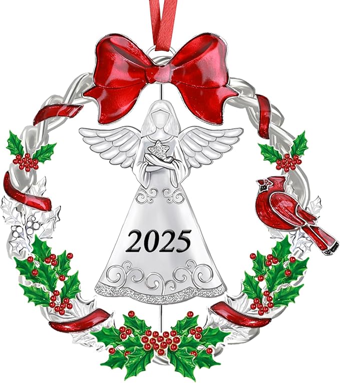 Christmas Ornament 2025 for Christmas Tree Decorations, Dated 2025 Christmas Wreath Ornament with Rotatable Angel for Holiday Decorative Keepsake Gift(Metal,1 Pack)