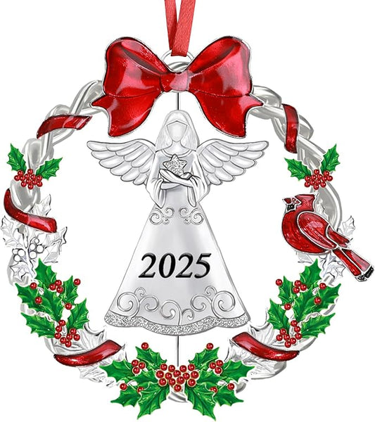 Christmas Ornament 2025 for Christmas Tree Decorations, Dated 2025 Christmas Wreath Ornament with Rotatable Angel for Holiday Decorative Keepsake Gift(Metal,1 Pack)