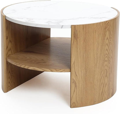 LuxenHome Modern Round Coffee Table with Faux Marble Top & Oak Finish Wood Base, 23.5” Small Center Table with Open Storage Shelf, Wooden Accent Table for Living Room, Apartment, or Office