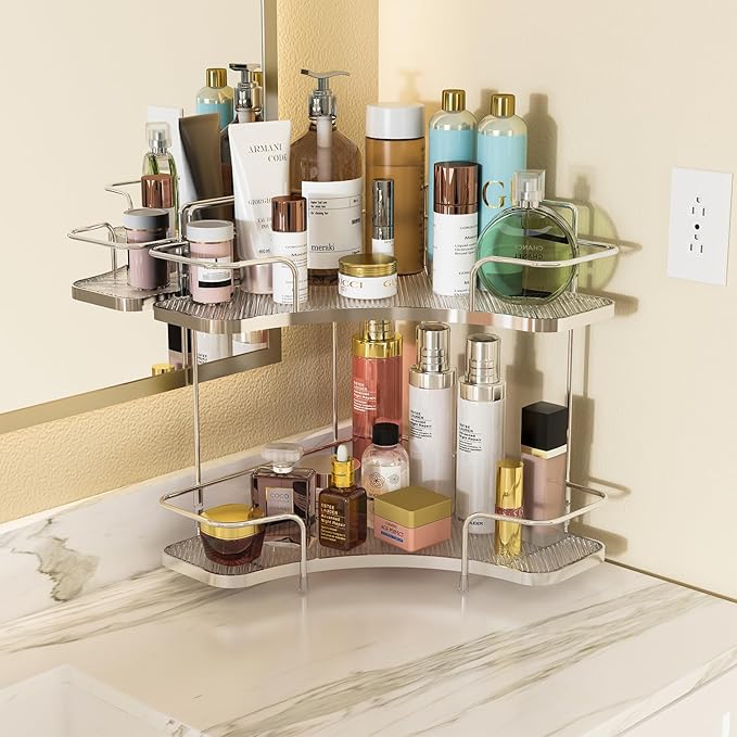 FOLLOWIN 2 Tier Bathroom Countertop Corner Organizer,Countertop Perfume Vanity Counter Shelf,Skincare Makeup Cosmetic Vanity Organizers,Silver