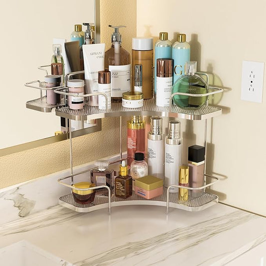 FOLLOWIN 2 Tier Bathroom Countertop Corner Organizer,Countertop Perfume Vanity Counter Shelf,Skincare Makeup Cosmetic Vanity Organizers,Silver