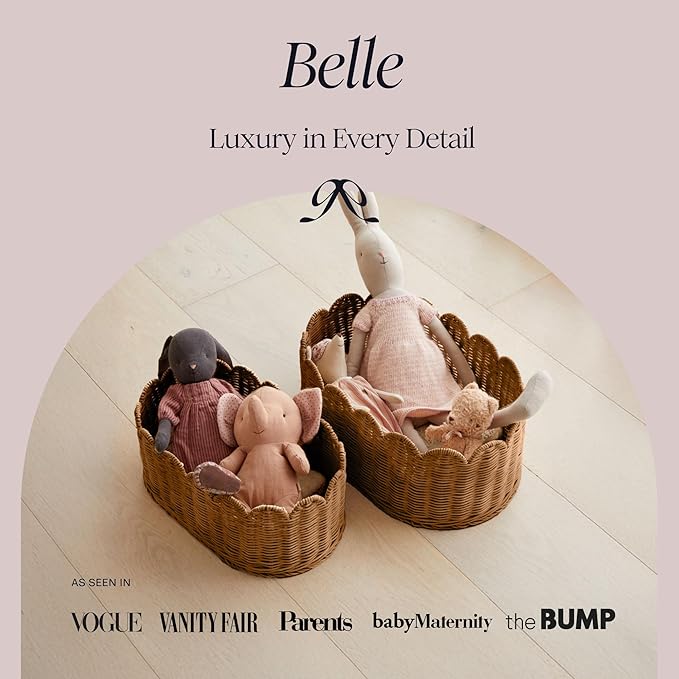 BEBE BASK Premium Scalloped Basket Set Of 2 - Scallop Basket - 16 x 10 x 7 Inch - Hand-Woven Elegant Wicker With Scalloped Edge - Nursery Storage (Mocca)