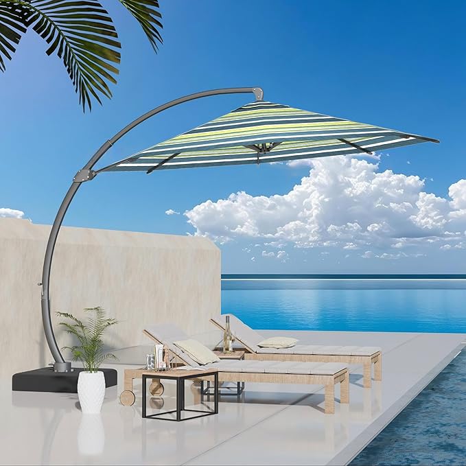 Kingdura 11ft Offset Cantilever Patio Umbrella with Base Included, Large Round Aluminum Outdoor Umbrella with 100% Acrylic Fabric, 360° Rotation & Infinite Tilt for Deck Pool Backyard, Green Stripes