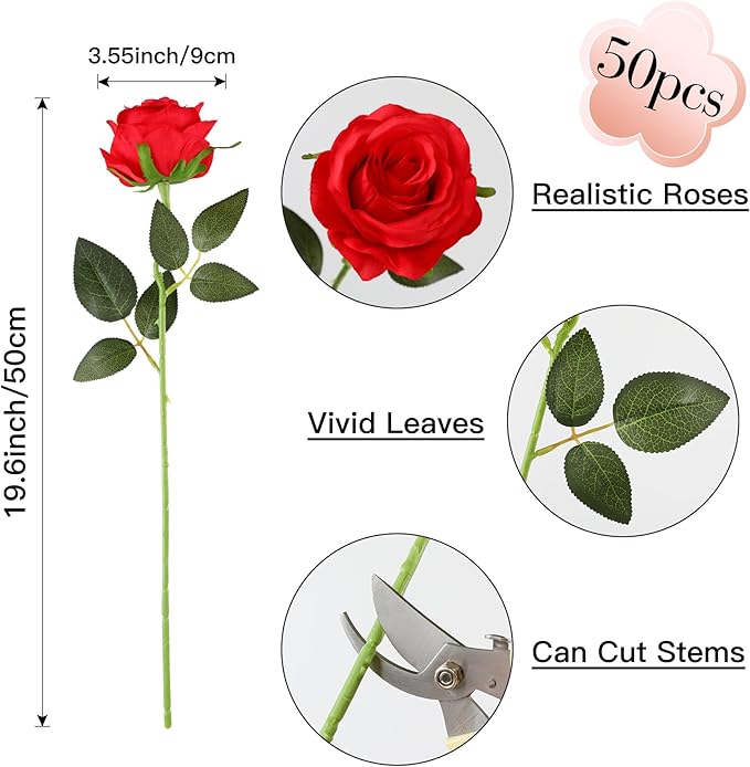 Nubry 50pcs Artificial Silk Roses Bulk,Fake Roses Flower with Stems Realistic Flowers for Wedding Centerpiece Home Party Decor(Red)