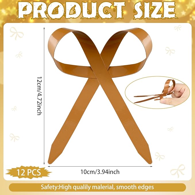 12 Pcs 2025 Metal Christmas Bow Ornaments for Christmas Tree Garland Wreath Bulk Bow with Clip Ornament Vintage Indoor Outdoor Home Xmas Party Decorations, 4 x 5 Inches (Khaki)