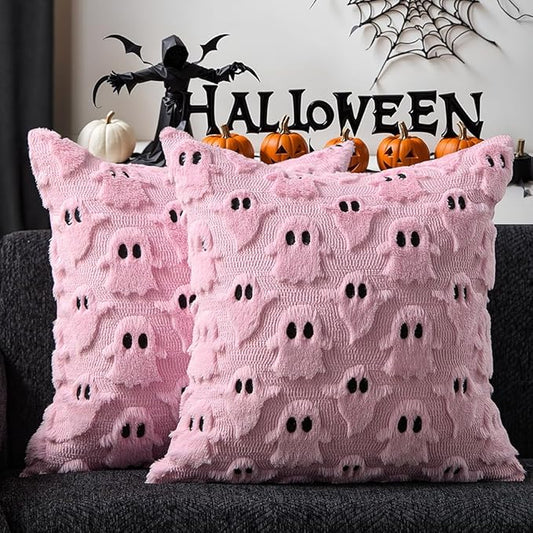 DFXSZ Halloween Pillow Covers 18x18 inch Set of 2 Pink Ghost Throw Pillow Cases Soft Plush Faux Fur Wool Cushion Case for Chair Bedroom Living Room Home Decor PTK03B18