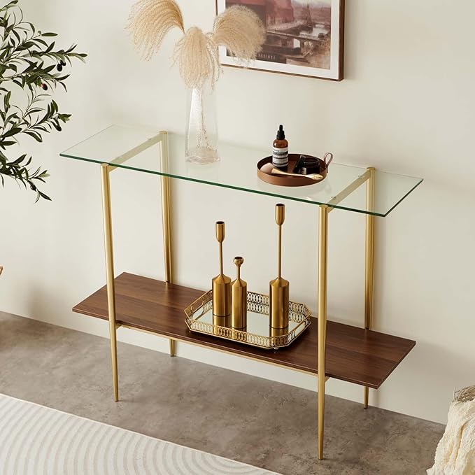 Glass Console Table for Living Room, Foyer & Entrance, 2-Tiers Mid-Century Modern Sofa Table with Clear Glass Top, Walnut Finish Wood Top and Gold Finish Metal Frame