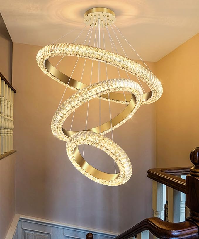31.5" 3 Ring Crystal Chandelier Modern LED Dimmable Ring Pendant Light Round Chandelier for Dining Room Living Room Gold