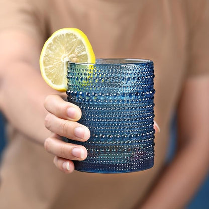 Hobnail Drinking Glasses Set of 6,12oz Blue Vintage Glassware,Cocktail Glasses,Embossed Glass Cups,Water Tumbler for Whiskey, Juice and Various Mixed Drinks