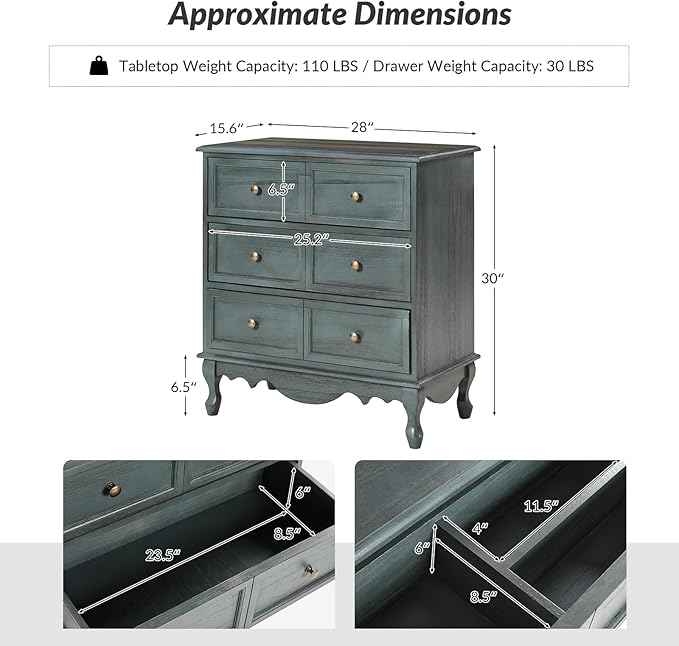 HULALA HOME 3 Drawer Nightstand with Charging Station Farmhouse Solid Wood Set of 2, Blue