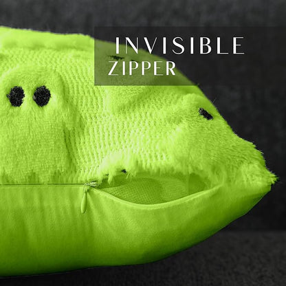 DFXSZ Halloween Pillow Covers 16x16 inch Set of 2 Green Ghost Throw Pillow Cases Soft Plush Faux Fur Wool Cushion Case for Chair Bedroom Living Room Home Decor PTK03Y16