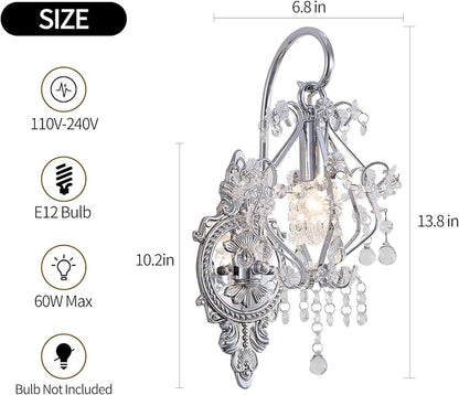 Silver Crystal Vintage Wall Sconces Set of 2 Indoor Hardwired Wall Light Fixture, Modern Wall Mount Lamp Light for Bedroom Living Room Bathroom Vanity Light Hallway Light Fixture Decor LED E12