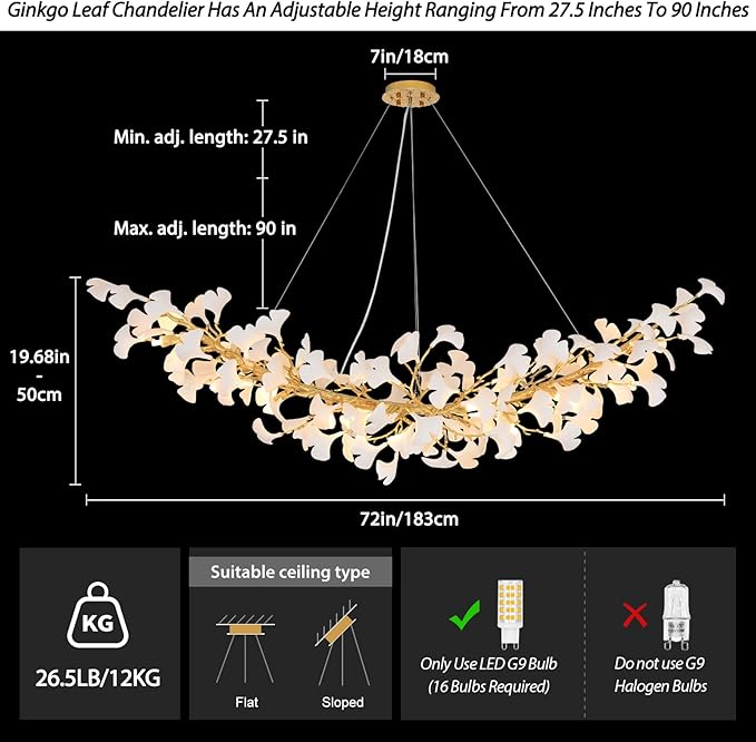 Modern Gold and Wtite Large Rectangle Tree Branch Dining Room Chandeliers, 72" Rectangle Ceramic Ginkgo Leaf Chandelier, Linear Chandeliers for Dining Room,Kitchen,Hanging Chandelier