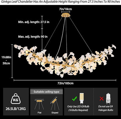 Modern Gold and Wtite Large Rectangle Tree Branch Dining Room Chandeliers, 72" Rectangle Ceramic Ginkgo Leaf Chandelier, Linear Chandeliers for Dining Room,Kitchen,Hanging Chandelier