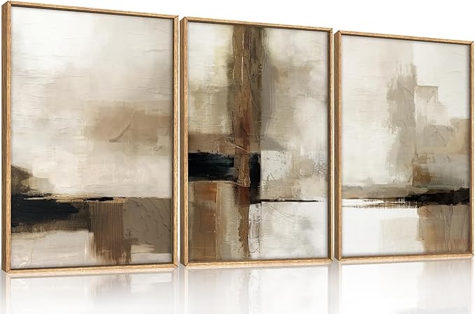HOURIA Large Abstract Neutral Framed Canvas Wall Art Set,Brown Beige Wall Decor,Minimalist Textured Wall Painting,Modern Brush Stroke Line Art Print for Living Room,Bedroom,Office- 24"x36"x3