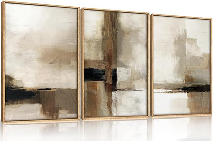 HOURIA Large Abstract Neutral Framed Canvas Wall Art Set,Brown Beige Wall Decor,Minimalist Textured Wall Painting,Modern Brush Stroke Line Art Print for Living Room,Bedroom,Office- 24"x36"x3