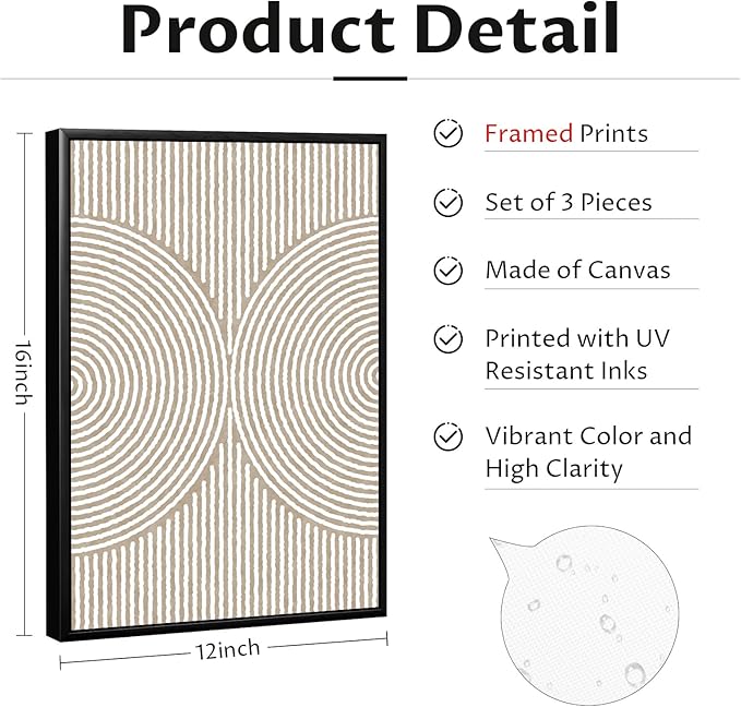 Boho Modern Wall Art Pictures Neutral Abstract Canvas Wall Decor Minimalist Line Wall Art Beige Brown Black Poster Mid Century Painting Artwork for Living Room Bedroom 12x16 Inch Framed Set of 3