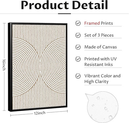 Boho Modern Wall Art Pictures Neutral Abstract Canvas Wall Decor Minimalist Line Wall Art Beige Brown Black Poster Mid Century Painting Artwork for Living Room Bedroom 12x16 Inch Framed Set of 3