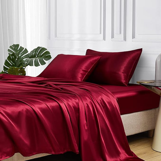 MR&HM Satin Bed Sheets, Twin Size Sheets Set, 3 Pcs Silky Bedding Set with 15 Inches Deep Pocket for Mattress (Twin, Burgundy)