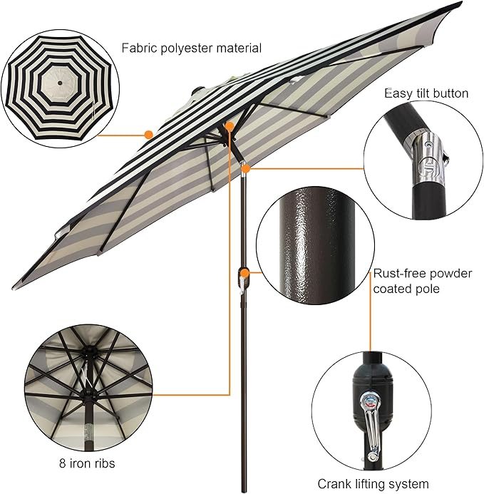 Blissun 9' Outdoor Patio Umbrella, Outdoor Table Umbrella, Yard Umbrella, Market Umbrella with 8 Sturdy Ribs, Push Button Tilt and Crank