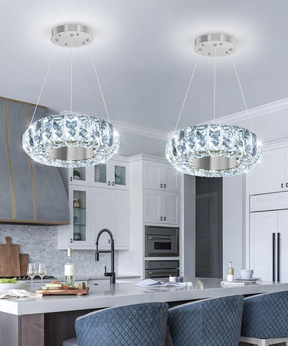 8" Ring Modern LED Dimmable Crystal Chandelier Adjustable Height Pendant Light Round Crystal Chandelier Light Fixtures for Dining Room Living Room Kitchen Island Silver