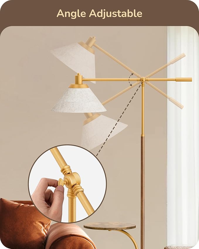 EDISHINE 68" Arc Floor Lamp with Table, Vintage Standing Lamp for Living Room Tall Reading Lamp, Beige Shade, Adjustable Arm, Remote Dimmable Bulb Included, for Bedroom Office, Wood Grain