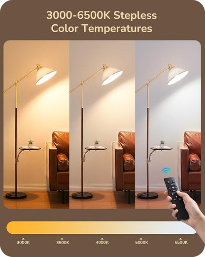 EDISHINE 68" Arc Floor Lamp with Table, Vintage Standing Lamp for Living Room, Tall Reading Lamp, Beige Shade, Adjustable Arm, Remote Dimmable Bulb Included, for Bedroom Office, Wood Grain