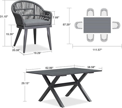 PURPLE LEAF 7 Pieces Patio Dining Set with Outdoor Aluminium Dining Table and Woven Rattan Chairs Modern Metal Furniture Cushions Sets for Garden Yard Indoor Decor Kitchen Grey