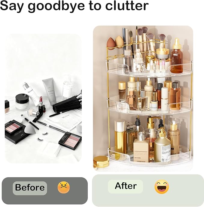 FELIZHOUSE 3-Tier Makeup Organizer for Vanity & Bathroom Countertop – Acrylic Storage Shelf with Perfume Makeup Brush Holder, Tool-Free Installation, Design for Bathroom & Dresser - Clear