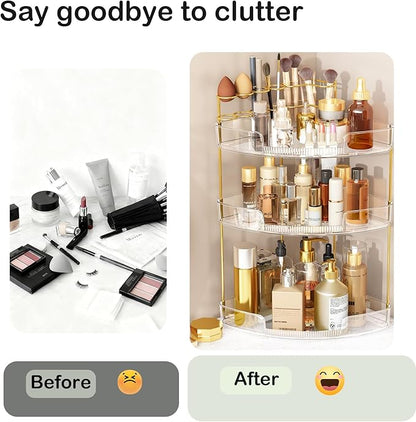 FELIZHOUSE 3-Tier Makeup Organizer for Vanity & Bathroom Countertop – Acrylic Storage Shelf with Perfume Makeup Brush Holder, Tool-Free Installation, Design for Bathroom & Dresser - Clear