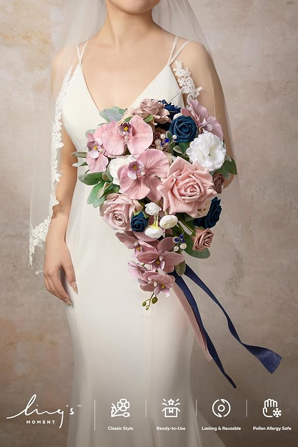 Ling's moment Pink Blue Bridal Bouquet Cascading, Dusty Rose Navy Wedding Bouquets for Bride, 13 Inch Bride Artificial Flowers Bouquets