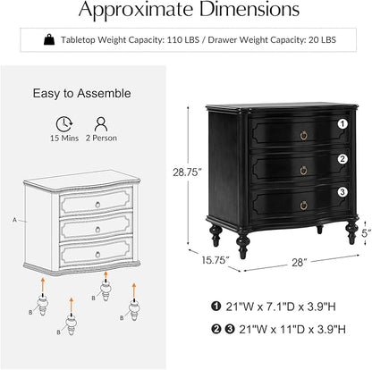 HULALA HOME Wood Nightstand with Charging Station, 3 Drawer Traditional Nightstands, End Table with Solid Wood Legs for Bedroom, USB Ports & Three-Prong Plugs, Black