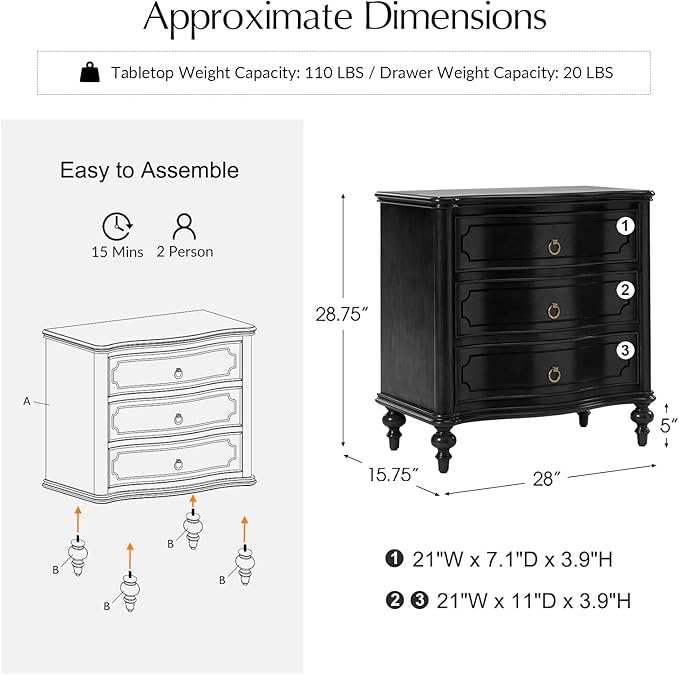 HULALA HOME Wood Nightstands Set of 2 with Charging Station for Bedroom, 3 Drawers Traditional Nightstand Solid Wood Legs, USB Ports & Three-Prong Plugs, Black