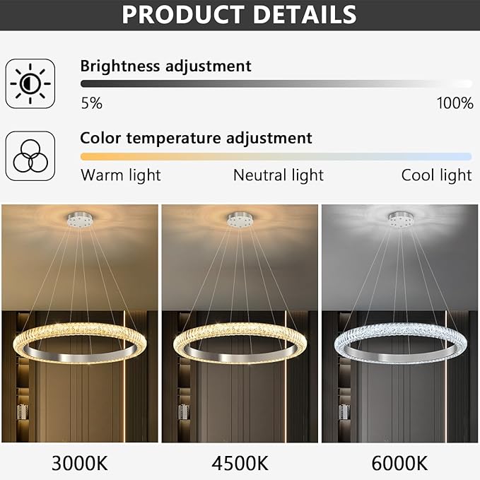 31.5" 1 Ring Crystal Chandelier Modern LED Dimmable Ring Pendant Light Chandelier for Dining Room Living Room Silver