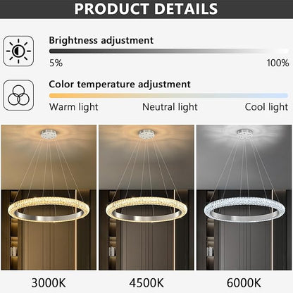 31.5" 1 Ring Crystal Chandelier Modern LED Dimmable Ring Pendant Light Chandelier for Dining Room Living Room Silver