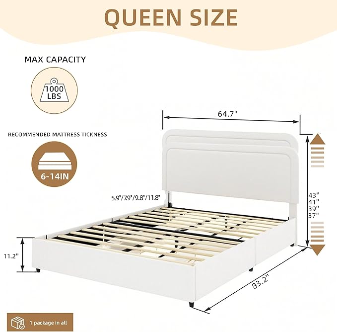 Queen Size Boucle Upholstered Platform Bed Frame, with 4 Drawers Storage, Curved Stitched Tufted Headboard, Wooden Slat Mattress Support, Noise Free, Easy Assembly, No Box Spring Needed, Ivory