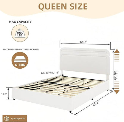 Queen Size Boucle Upholstered Platform Bed Frame, with 4 Drawers Storage, Curved Stitched Tufted Headboard, Wooden Slat Mattress Support, Noise Free, Easy Assembly, No Box Spring Needed, Ivory
