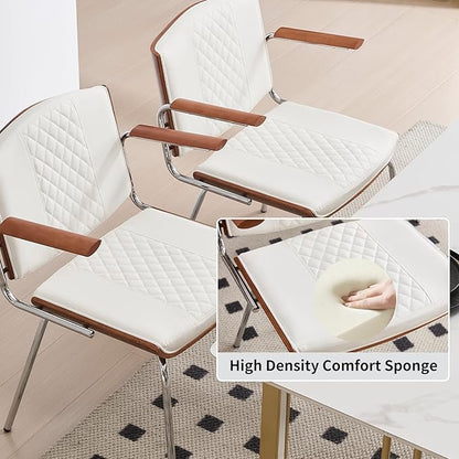 Dining Chairs Set of 2, Mid-Century Modern PU Leather Upholstered Chairs with Walnut Bentwood Backrest and Silver Metal Legs for Kitchen Dining Room Home Office,