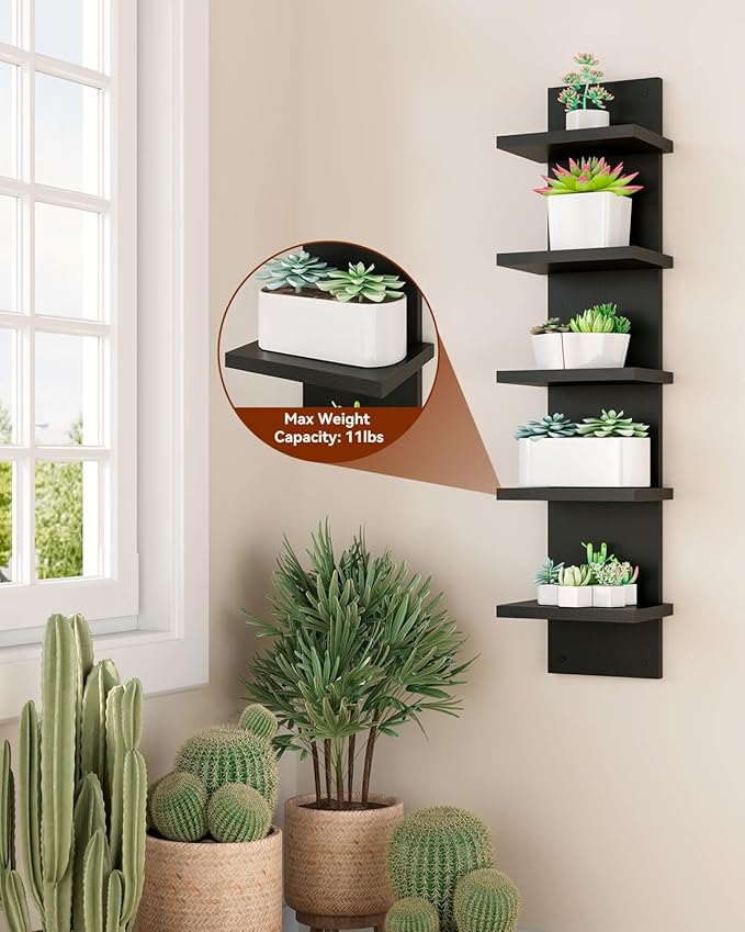 IBUYKE 5 Tier Wall Shelf Unit,Black Vertical Shelf,Floating Storage Wall Shelf,Decorative Wall Mount Vertical Shelving for Home, Bedroom,Living Room,Office Decor WBC009B