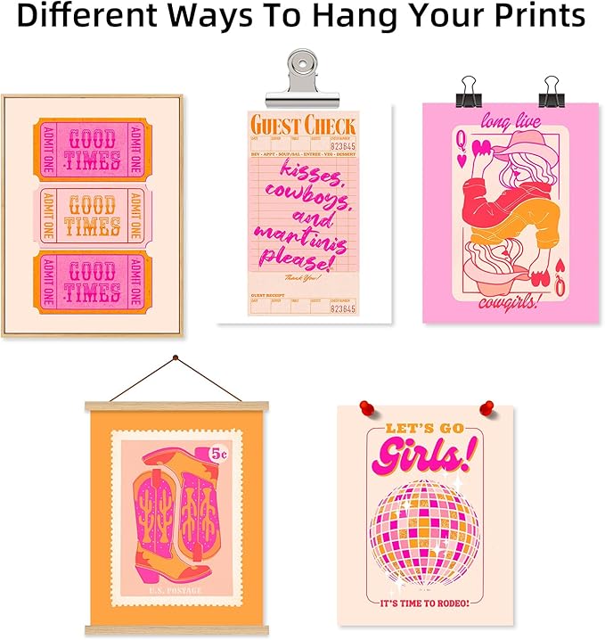 Hot Pink Wall Art Decor Trendy Aesthetic Pictures Preppy Funky Wall Art Poker Retro Poster Orange Vintage Canvas Hot Pink Artwork Western Prints Cowgirl Painting Dorm Room 12x16 Inch Unframed Set of 6