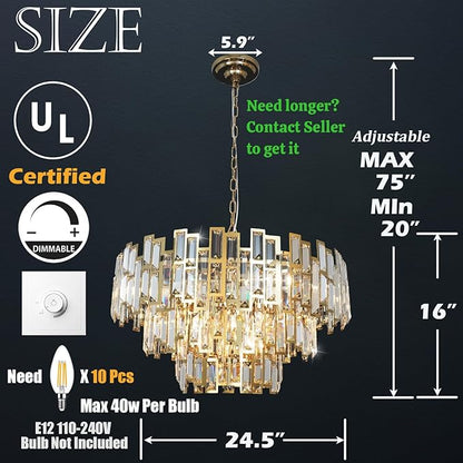 Modern Crystal Chandelier Gold Round Chandelier for Dining Room 10 Light Ceiling Pendant Light Fixture Luxury Gold Hanging Lighting for Bedroom Living Room