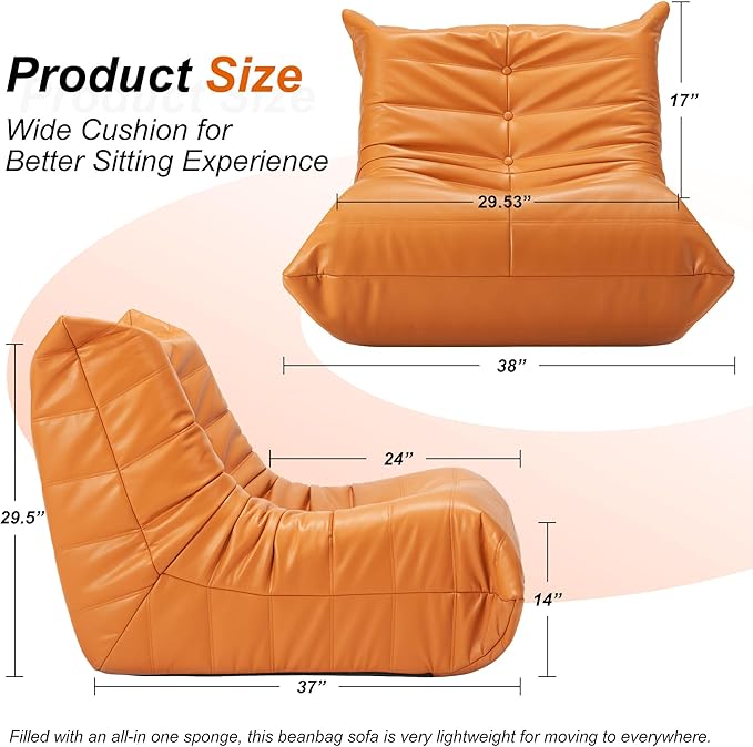 Hobestluk Giant Bean Bag Chair Lazy Floor Sofa, Fireside Sofa for Adults, Big Beanbag Faux Leather Armless Chair for Living Room Bedroom Dorm Office (Orange, Single)