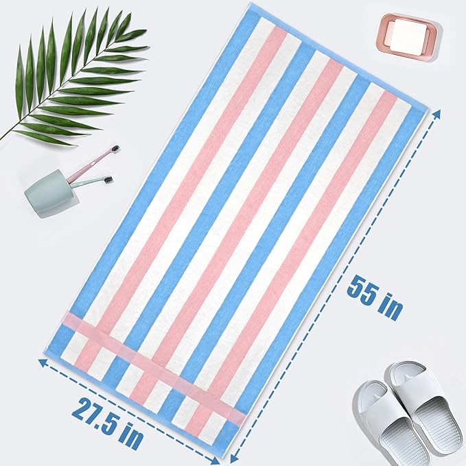 Jacquotha 100% Cotton Bath Towels Set of 2 Highly Absorbent Striped Towels for Bathroom Hotel Spa, Peach Pink & Teal