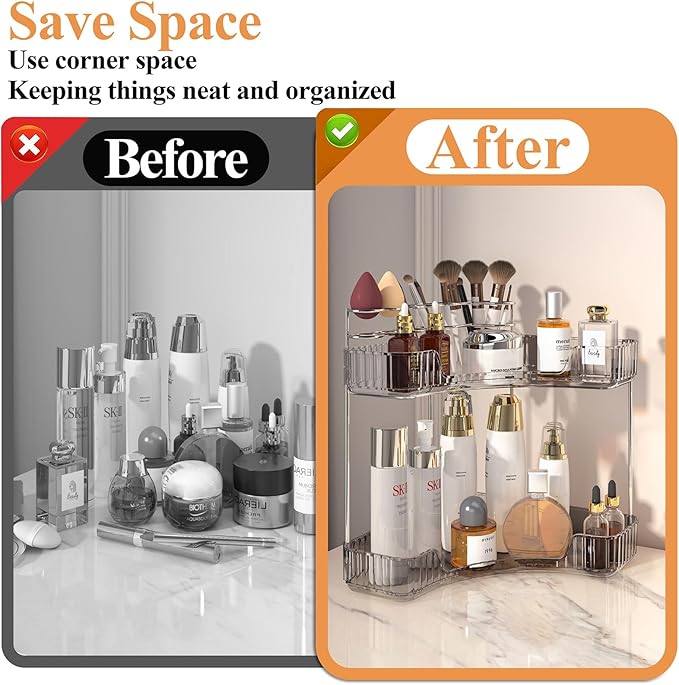 SUNZOS 2 Tier Corner Bathroom Counter Organizer, Bathroom Countertop Shelf with Makeup Brush Holder, Makeup Organizer for Vanity Perfume Tray for Corner Storage