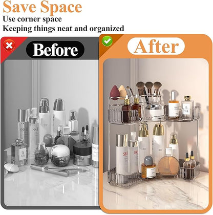 SUNZOS 2 Tier Corner Bathroom Counter Organizer, Bathroom Countertop Shelf with Makeup Brush Holder, Makeup Organizer for Vanity Perfume Tray for Corner Storage